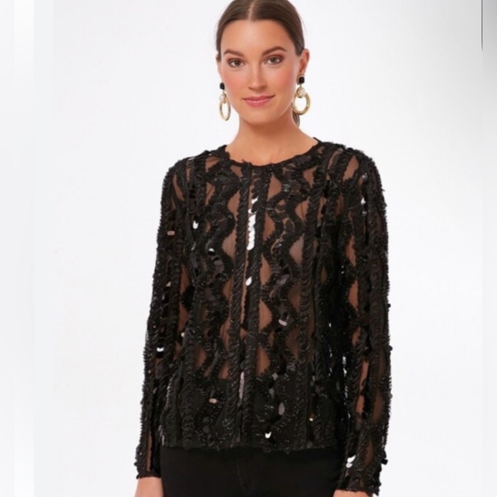 Embellished Black Sheer Long-Sleeve Blouse - Women